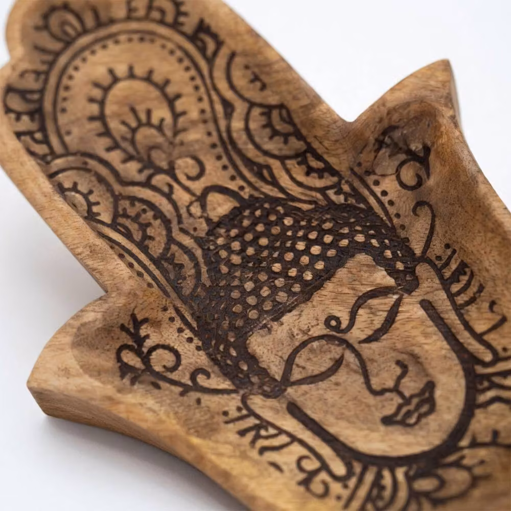 KDMD Hamsa and Buddha Engraved Rectangular Wooden Long Tray in Black and Brown, W: 30 cm, D: 20.5 cm – 3
