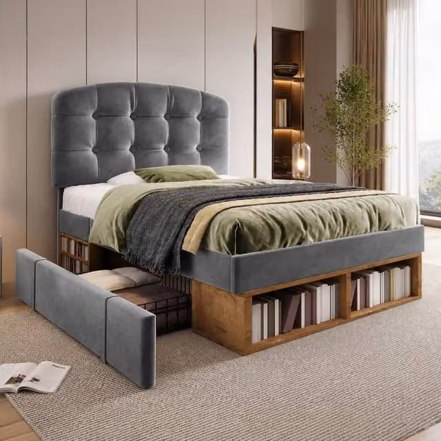 STILVORA Single Upholstered Bed with Storage Drawers and Adjustable Headboard in Grey, W/D/H: 90 x 190 cm