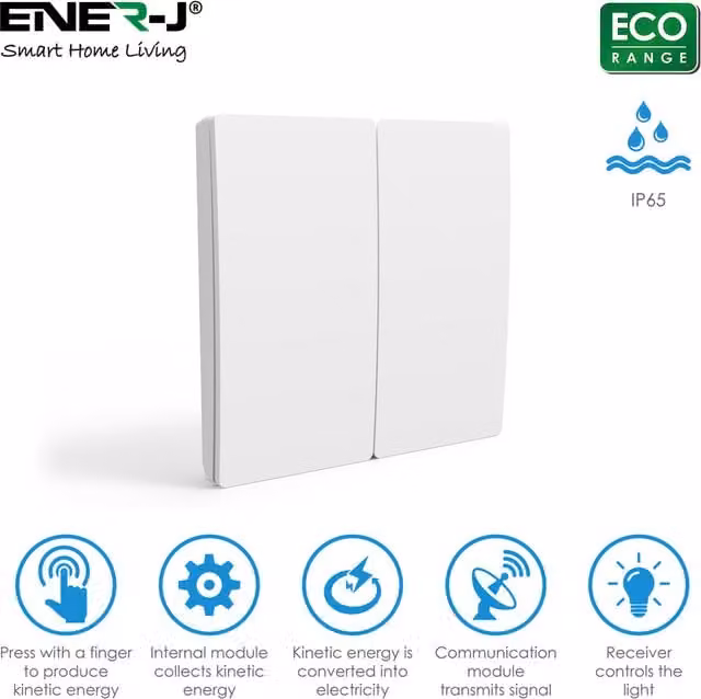 EnerJ Smart Eco Series Wireless Kinetic 2 Gang Switch in White