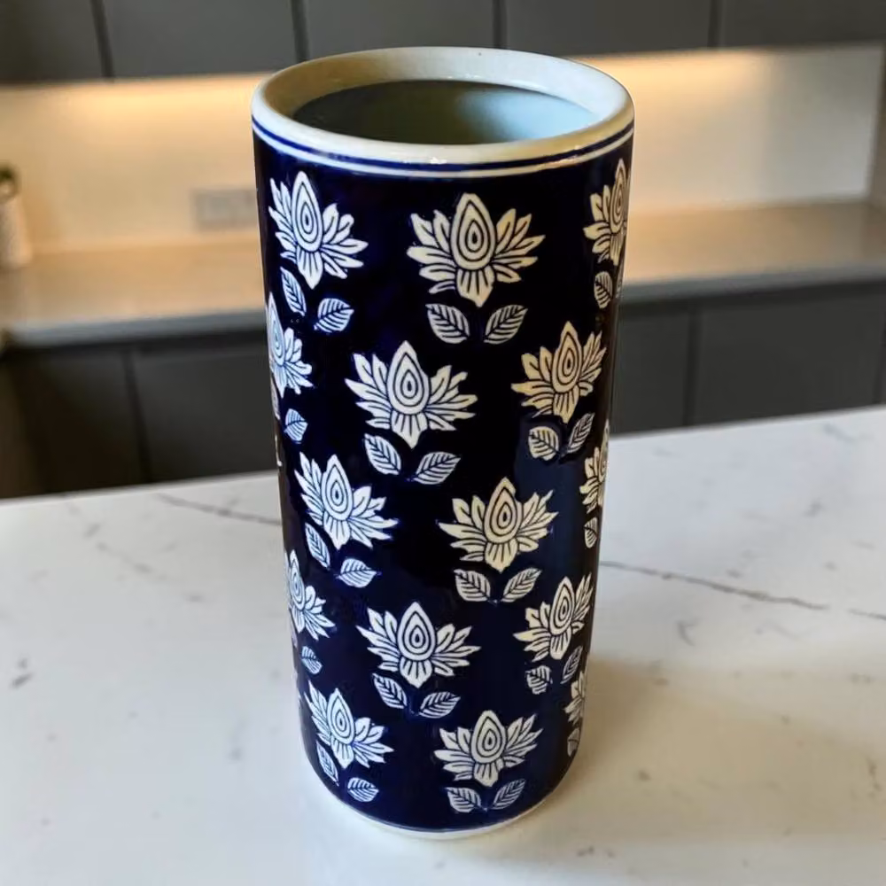 Four Candle Blue and White Floral Ceramic Freestanding Umbrella Stand in Navy – 3