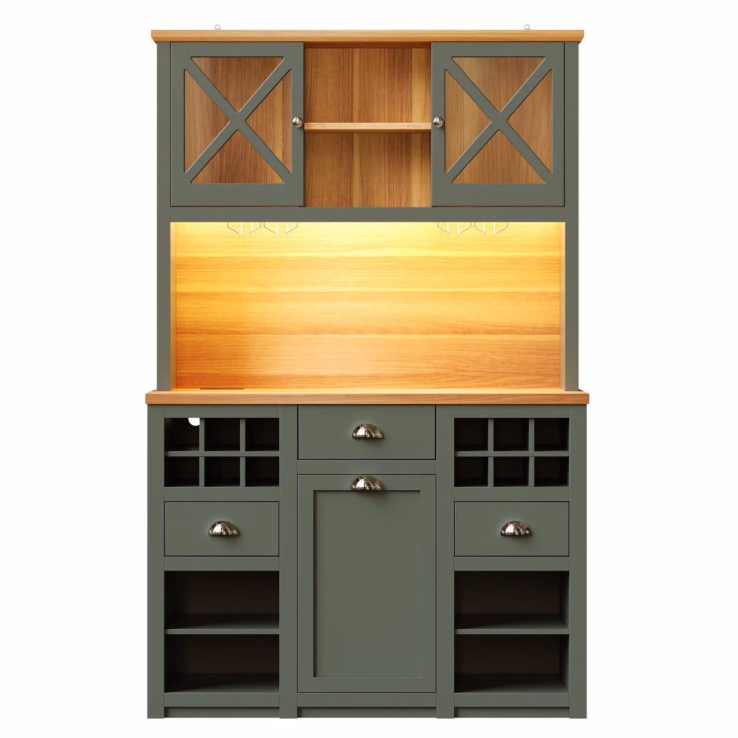 Aosom UK Tall Kitchen Cabinet with Glass Doors and LED Lighting in Antique Green, W/D/H: 45 x 45 x 188 cm – 2