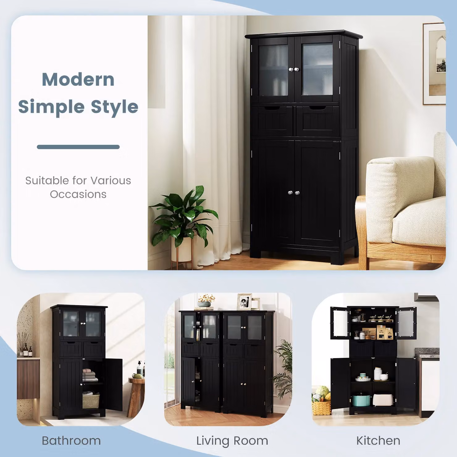 Costway Tall Freestanding Bathroom Storage Cabinet with Hinged Doors and Internal Drawers in Black – 6