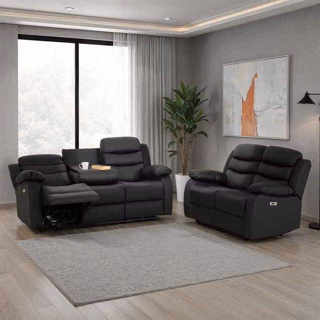 Seconique Roma 3 and 2 Seater Electric Recliner Suite in Black Synthetic Leather with USB Charging