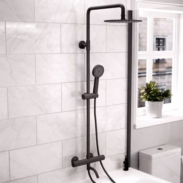 Nes Home Round 3 Way Thermostatic Shower Kit with Bath Filler in Matte Black, W/D/H: 200 x 1500 mm – 1