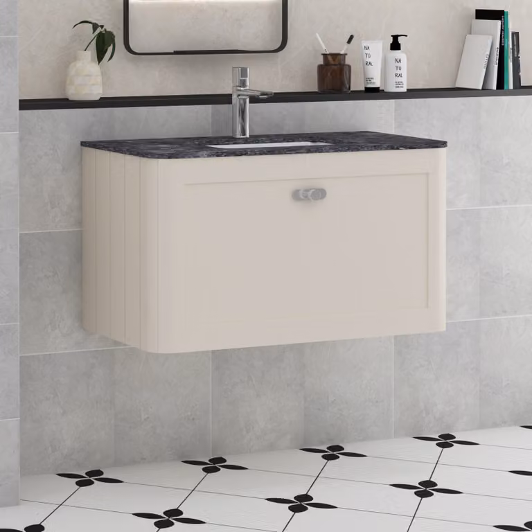 Royal Bathrooms Henley 800mm Wall Hung Vanity Unit with 1 Drawer, Mushroom Cashmere Finish and Black Star Stone Top