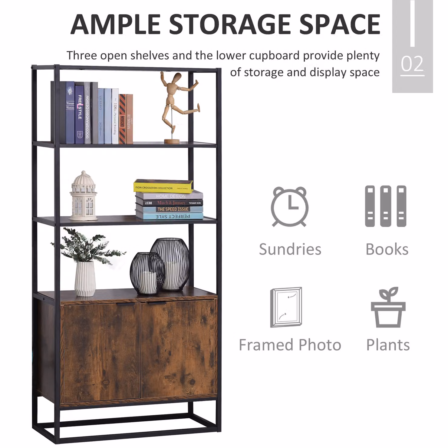 HOMCOM Industrial Freestanding Storage Cabinet with 3 Open Shelves and Hinged Doors in Brown and Black – 5