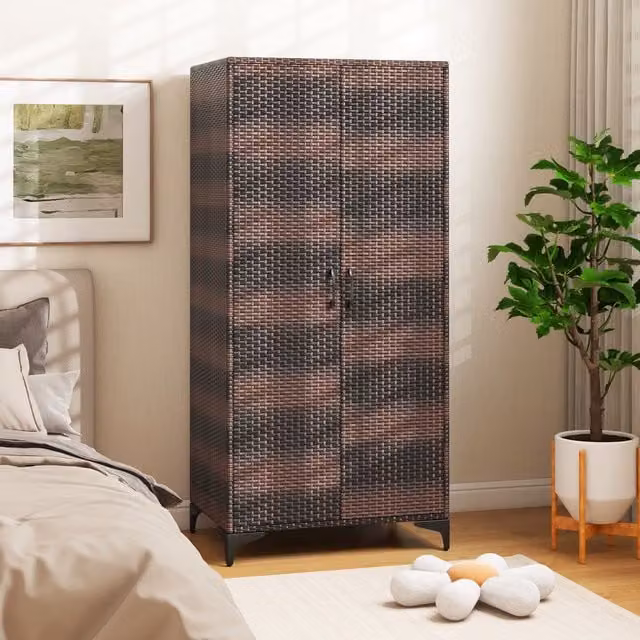 Costway PE Rattan Wardrobe in Brown with Hanging Rod and Hinged Doors, Width: 157 cm – 1
