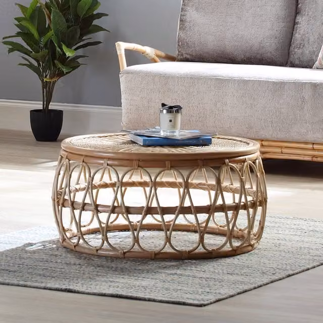 Beijing Round Rattan Coffee Table in Natural Beige and Brown