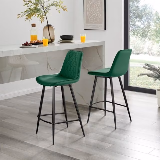 FurnitureboxUK Pesaro Set of 2 Green Velvet Counter Stools with Black Metal Legs