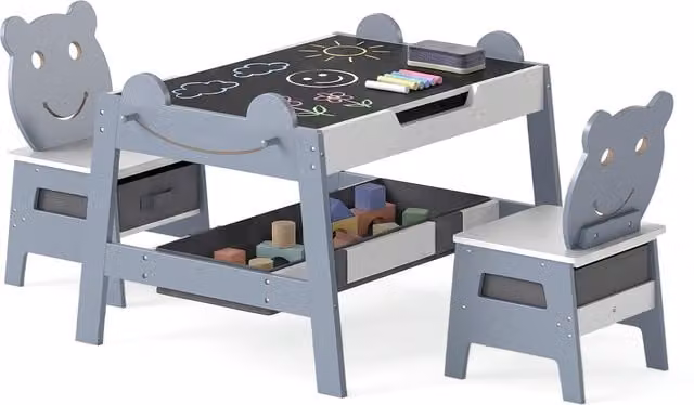 Costway Grey Wood Childrens Table and Chairs Set
