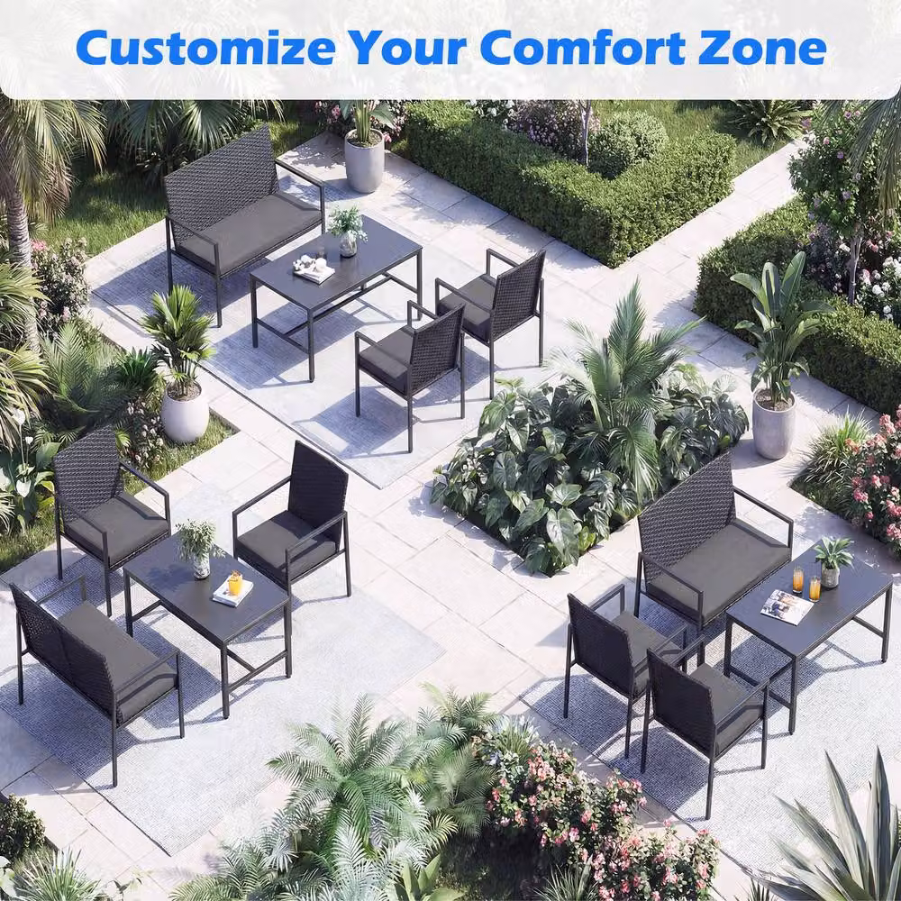 Costway 4-Piece Grey Polyrattan Patio Furniture Set with 2-Seater Sofa, Armchairs, Coffee Table and Upholstered Cushions – 7