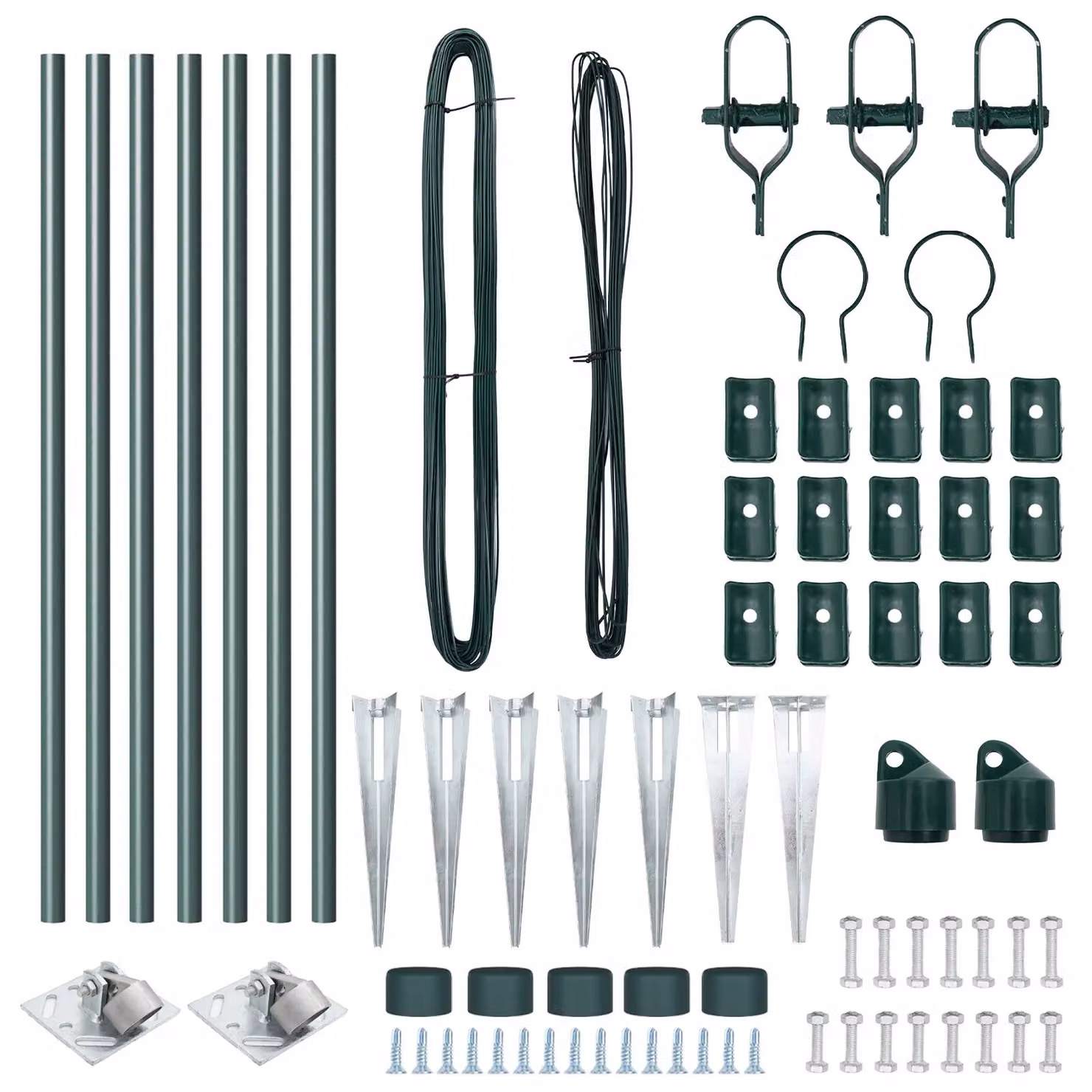 Berkfield Home 7-Piece Set of Green Galvanised Steel Round Fence Posts with Spike, Diameter: 3.2 cm, Height: 100 cm – 3