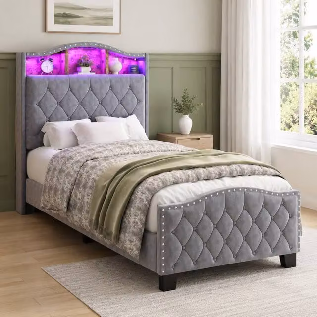 STILVORA Single Upholstered Velvet Bed in Grey with Storage and LED Under-Bed Lighting, W/D/H: 90 x 190 x 124 cm – 1