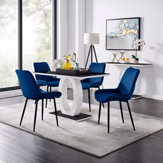 FurnitureboxUK Giovani Black Rectangular Glass Dining Table and Four Blue Upholstered Chairs Set