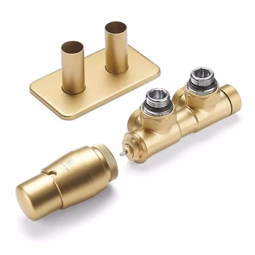 Terma Vario Twins Angled Accessory Valve Set with Pipe Masking, Left Sided, Gold Brass