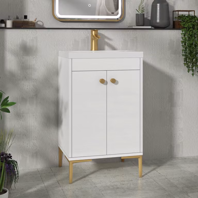 Royal Bathrooms Verona 500mm Gloss White Floor Standing 2 Door Vanity Unit with Mid-Edge Basin and Brushed Brass Knob