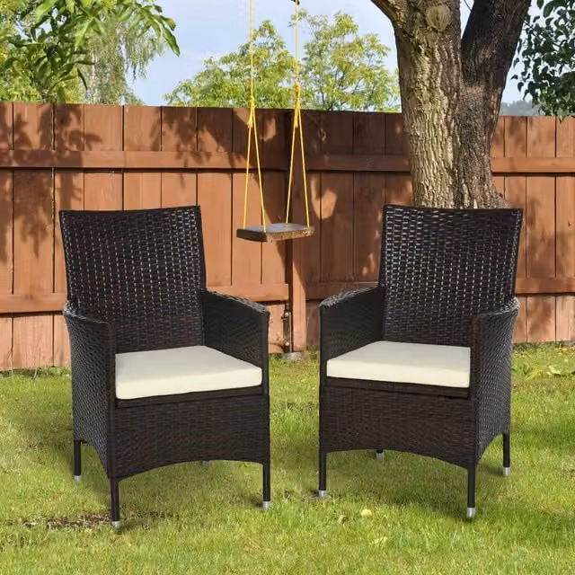 Outsunny 2 Piece Brown Polyrattan Outdoor Armchair Set with Removable Weather Resistant Cushions
