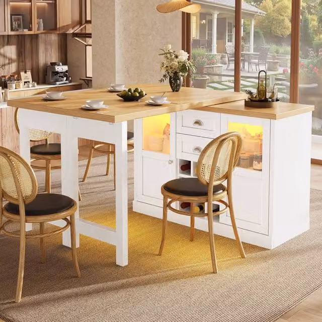 Merax Extendable Kitchen Island with Swivel Breakfast Bar and Wine Storage in White – 1