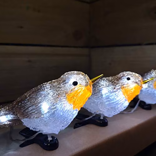 Snowtime Set of 5 Acrylic Robin Christmas Lights with 30 Ice White LEDs and Clip-On Feature – 2