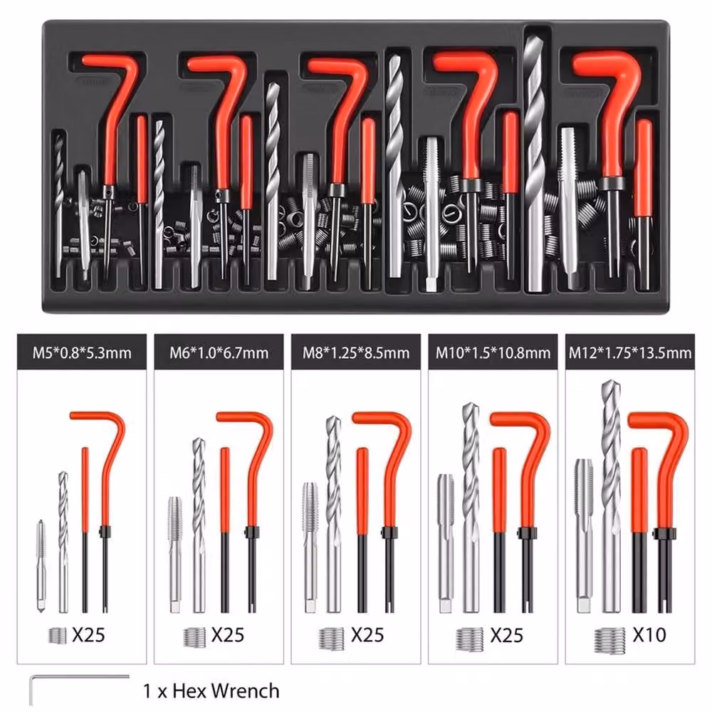 Nordara 131pc Thread Repair Kit with M5-M12 Helicoil Inserts, Taps and Drill Bits in Red – 3