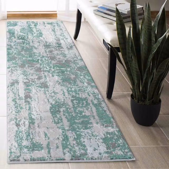 Serdim Rugs Modern Abstract Area Rug in Turquoise and Green, W/D/H: 60 x 220 cm