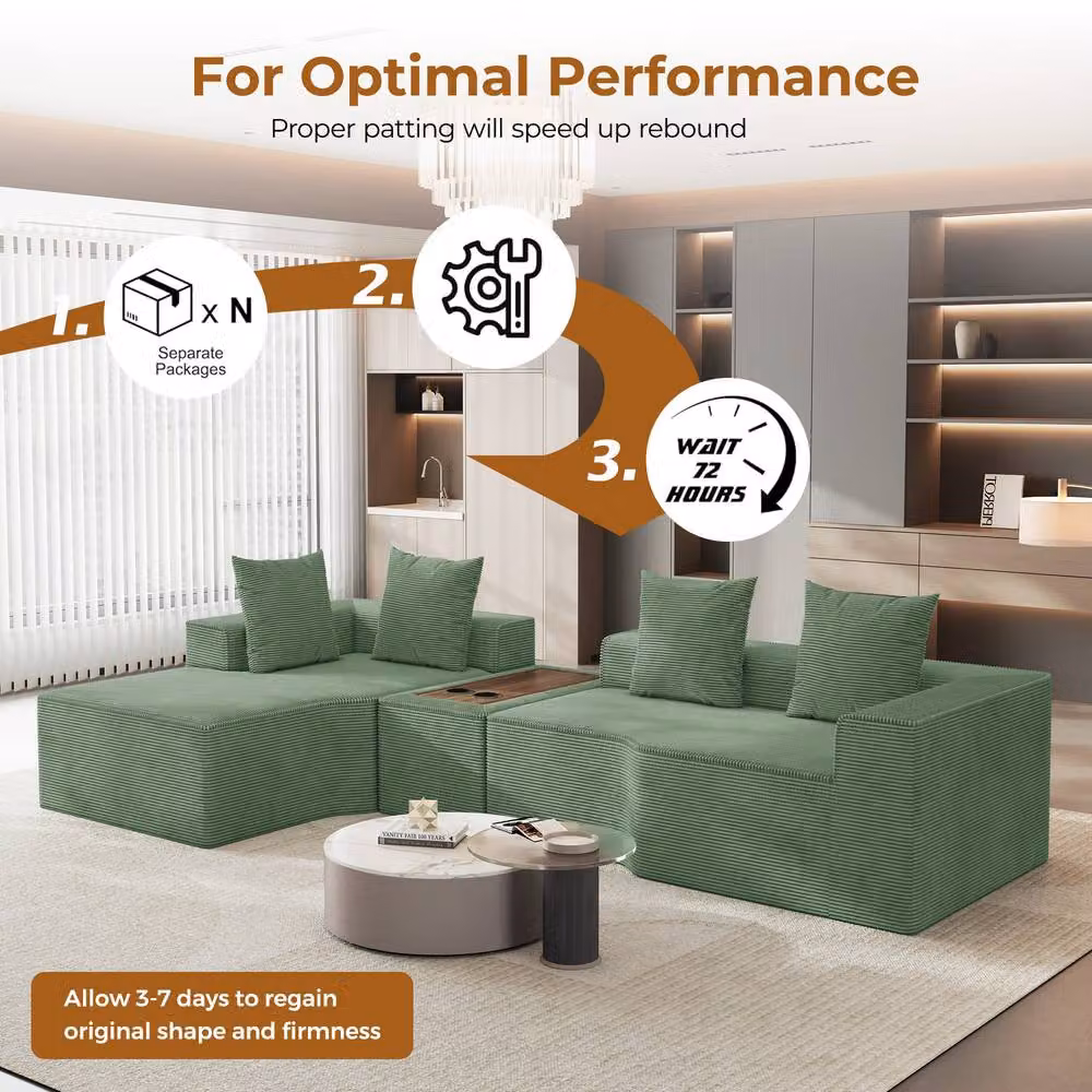 Dprodo Green Corduroy L-Shaped Modular Sofa with Cup Holder Table and Scatter Cushions, Width: 320 cm – 4