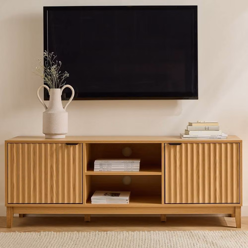 CALICOSY TV Unit with 2 Niches and 2 Doors featuring Wave-Effect Fronts in Light Brown, W: 140 cm, H: 52 cm, D: 40 cm – 2