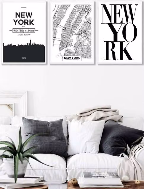 ARTZE NEW YORK Skyline Street Map City Print Framed Wall Art in White, W: 53 cm, H: 73 cm, D: 2 cm