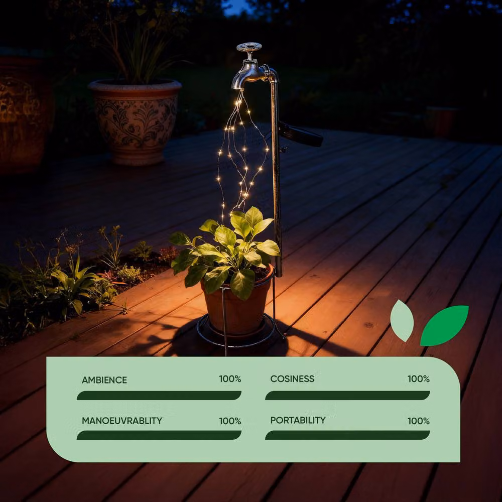 Gardenwize Solar Watering Tap Garden Light with Cascade LEDs, Silver Outdoor Decorative Solar Lantern with 30 Warm White Lights, Height: 62 cm – 3
