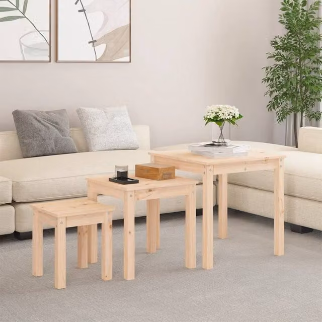 Berkfield Home 3-Piece Nesting Tables in Rustic Light Brown Solid Pine Wood – 1