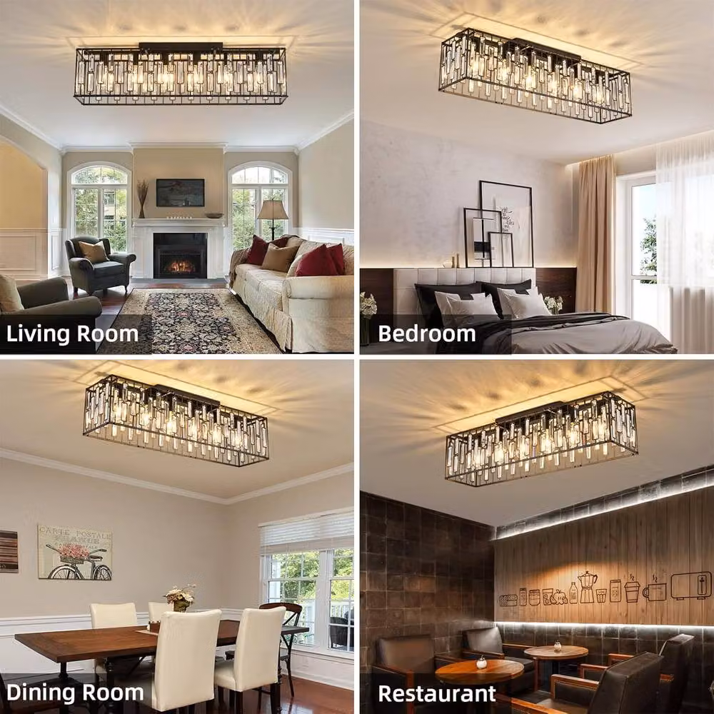 Garwarm Set of 2 Modern Rectangular Crystal Ceiling Chandeliers in Black or Gold/Brass with Transparent Crystal – 3