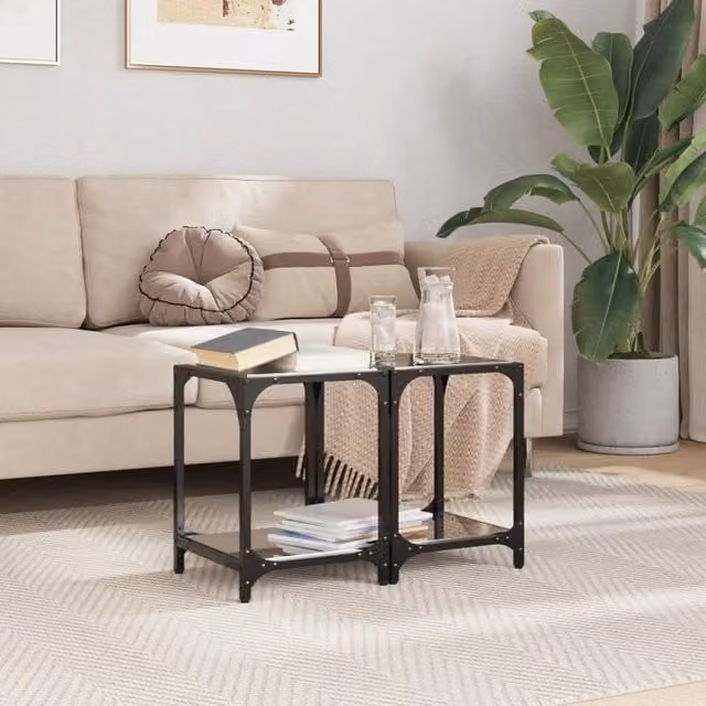 Berkfield Home Modern Square Coffee Table Set with Black Glossy Glass Top and Steel Frame, 2 Pieces, W/D/H: 30 x 30 x 40 cm – 1