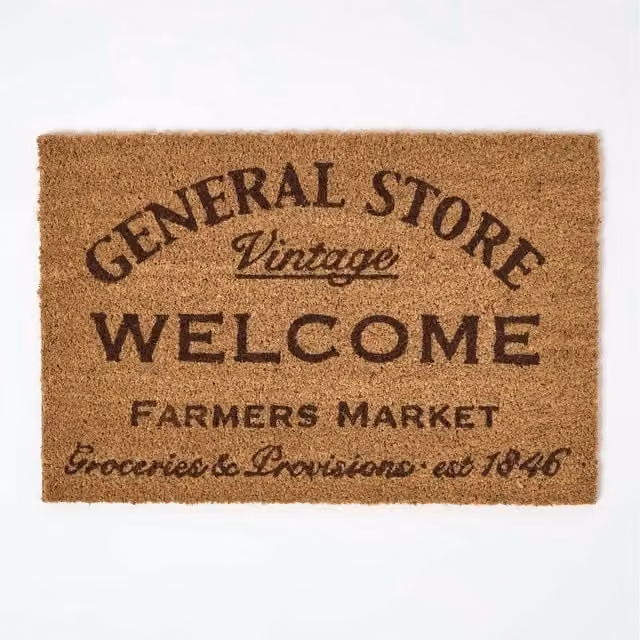 Homescapes Vintage Graphic Rectangular Coir and PVC Doormat, Black, Yellow and Brown, W/D/H: 60 x 40 x 1.7 cm