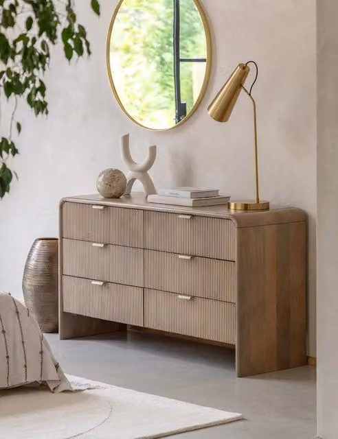 Gallery Direct Colonna 6 Drawer Chest in Natural Mango Wood with Gold and Sand Accents