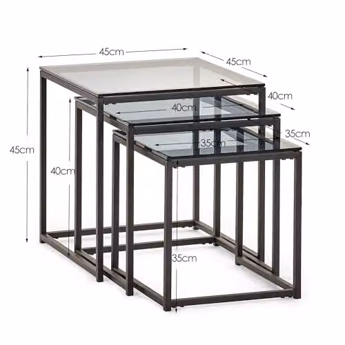 Julian Bowen Chicago Nest of 3 Square Side Tables with Glass Tops in Black and Grey – 2