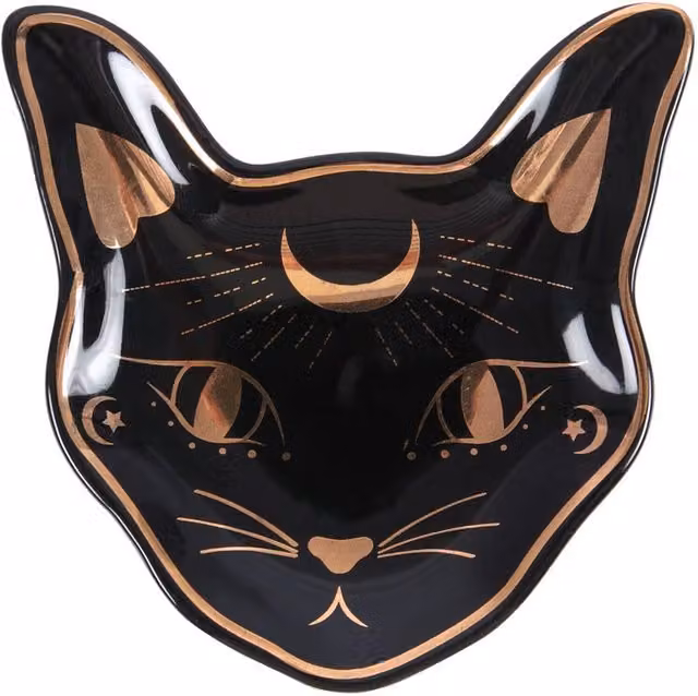 Kingsbury Gifts Mystic Cat Face Ceramic Trinket Dish in Black and Gold