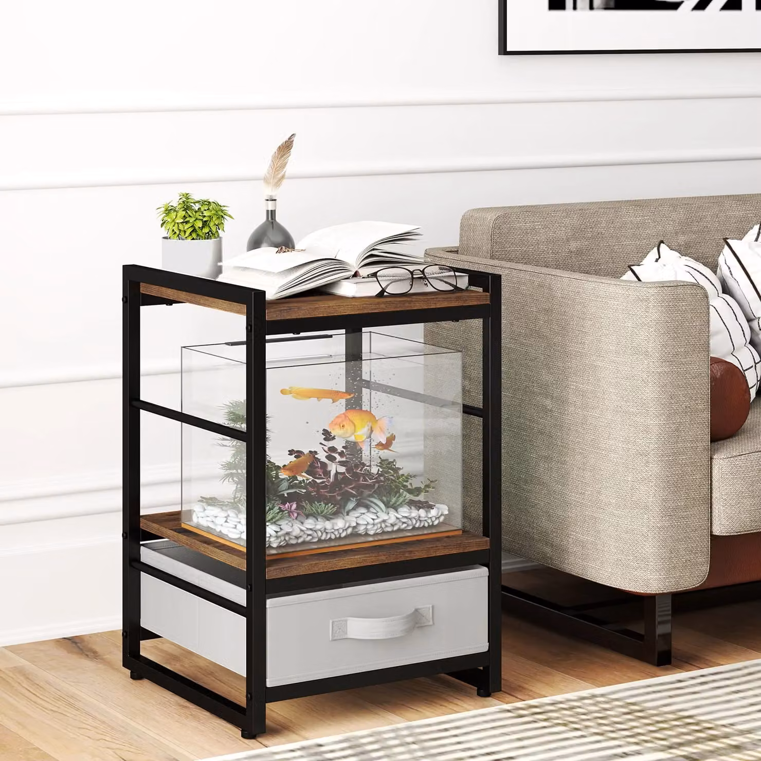 Costway Bedroom Nightstand Bedside Table with Fabric Drawer and Open Shelf in Brown and Black – 5