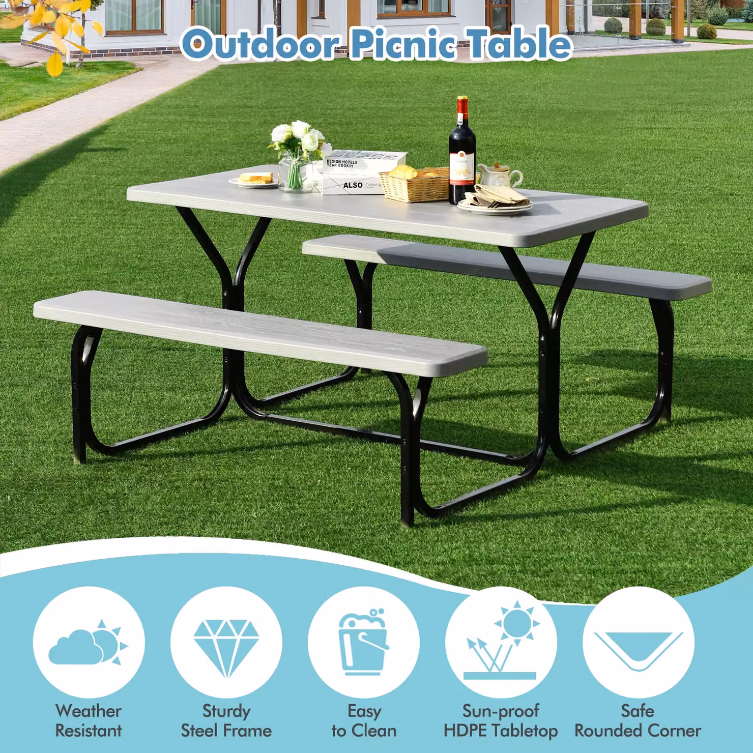 Costway Outdoor Picnic Table and Bench Set in Grey – 3