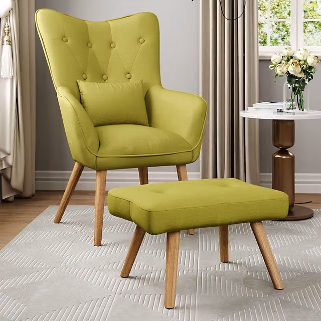 Komore Mid-Century Green Linen Armchair with Oak Legs and Ottoman