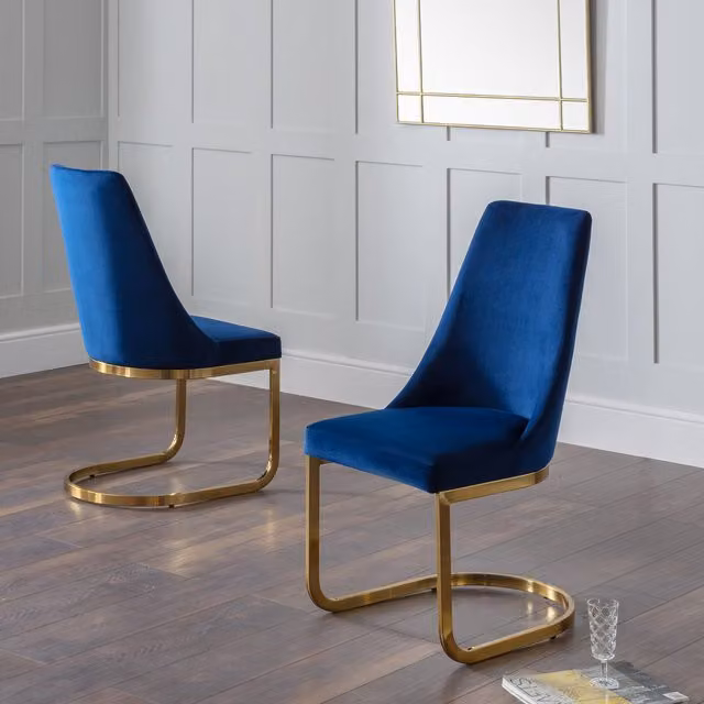Julian Bowen Vittoria Set of 2 Blue Velvet Cantilever Dining Chairs with Gold Metal Base