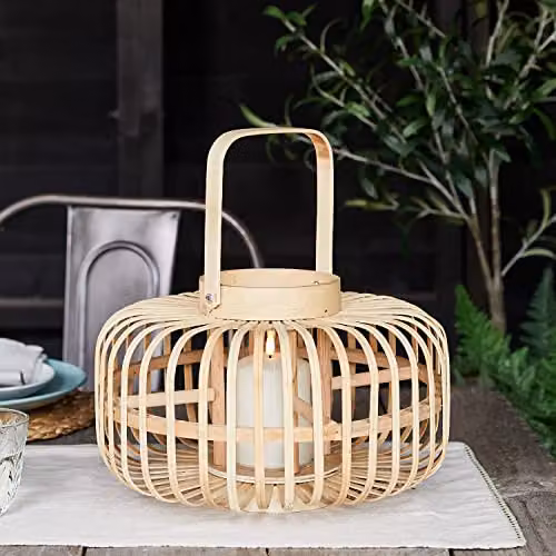 Lights4fun Beige Bamboo Wooden Cage Lantern with TruGlow Candle, H 34.5 x W 21.0 x D 21.0 cm – 2