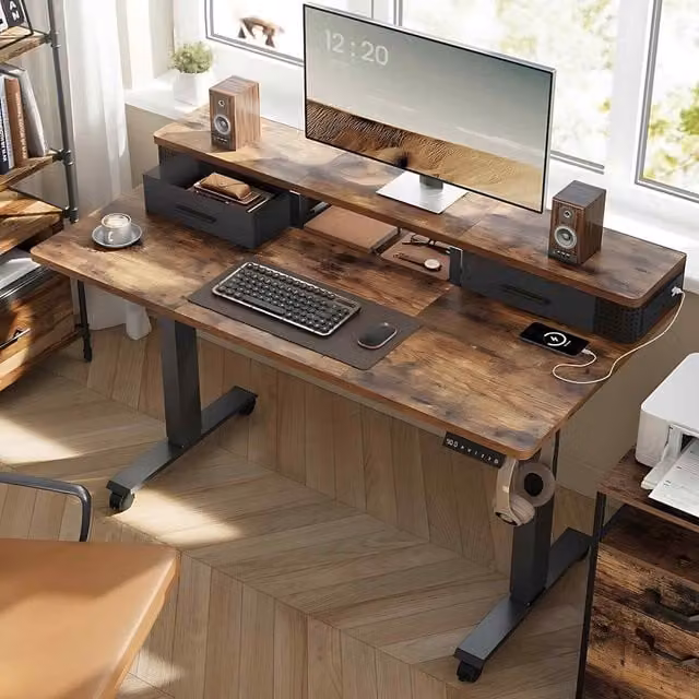 The Bazaarist Height Adjustable Electric Standing Desk with Drawer Unit in Rustic Brown