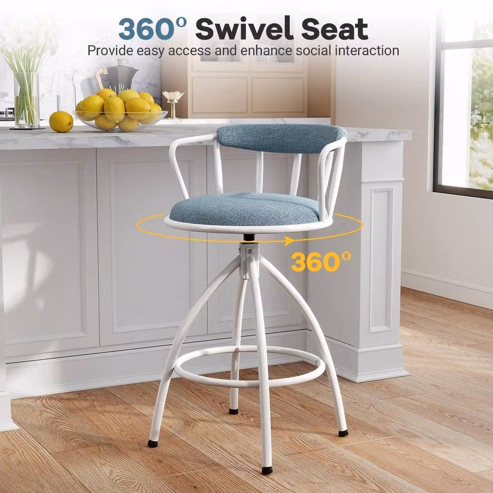 VOGREX Set of 2 Blue Fabric Swivel Counter Height Bar Stools with Armrests – 2
