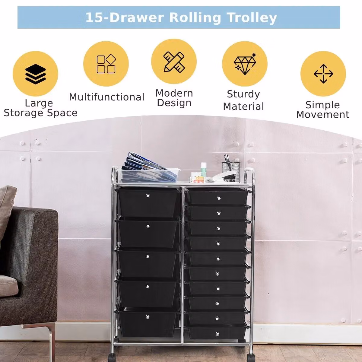 Gymax 15-Drawer Rolling Tool Cart and Office Paper Organiser in Black – 5