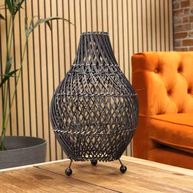 KDMK Natural Rattan Table Lamp in Beige and Yellow with Wood Accents