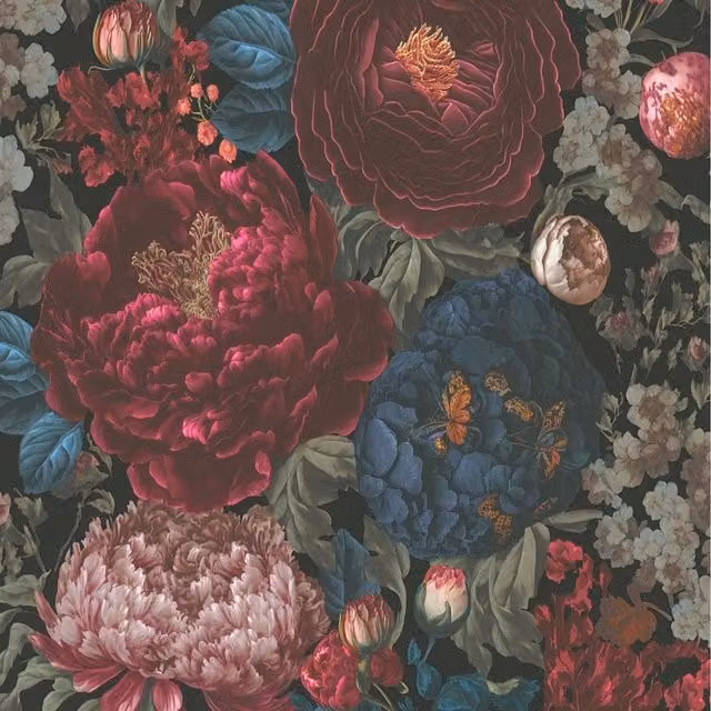 A.S. Création Botanical Floral Vintage Wallpaper in Red, Blue and Black, W: 53 cm, H: 53 cm