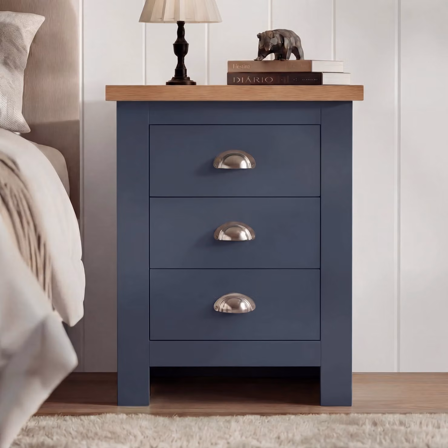 DHS 3 Drawer Shaker Style Bedside Table with Oak Top in Blue, W/D/H: 45 x 37 x 60 cm