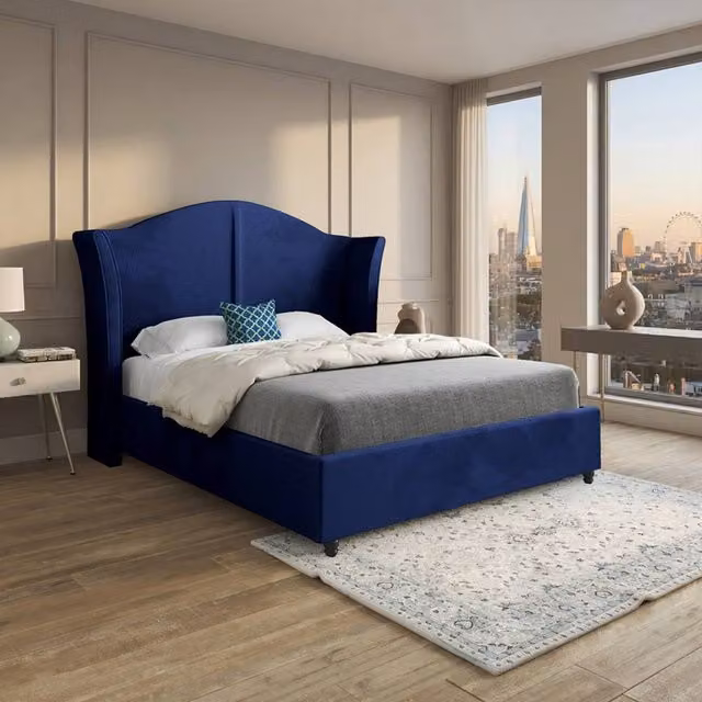 Casani Tissington Small Single Curved Winged Designer Bed Frame in Blue Soft Velvet