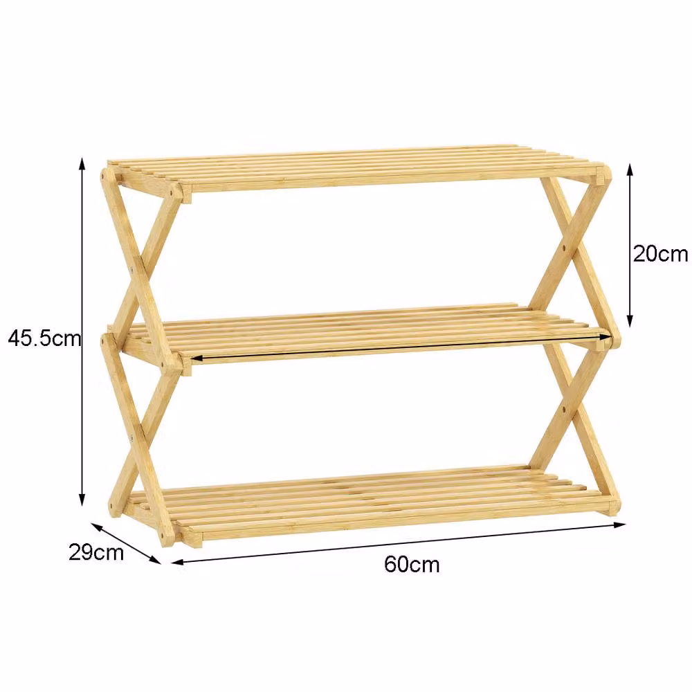 ERGOVEXA 3-Tier Folding Bamboo Shoe Rack in Brown Lacquered Wood – 2