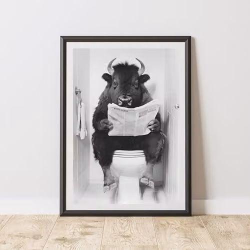 60 Second Makeover Bison On The Toilet Animal Print Paper Poster, Multicolour, W: 21.0 cm, H: 29.7 cm